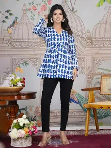 LABEL ADRIJA Floral Printed V-Neck Pure Cotton A-Line Top