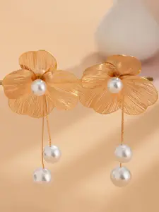 MEENAZ Gold Plated Pearls Beaded Chunky Floral Shaped Korean Drop Earrings
