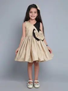 Pink Chick Colourblocked V-Neck Sleeveless Cotton Fit & Flare Dress With Matching Clip