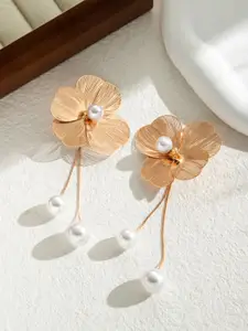 MEENAZ Korean Gold-Plated Pearls Floral Shaped Drop Earrings