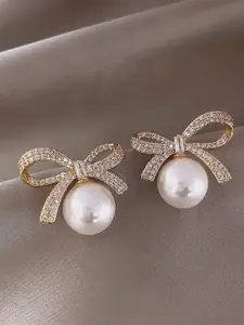 MEENAZ Korean Gold-Plated Pearls Contemporary Shaped Studs