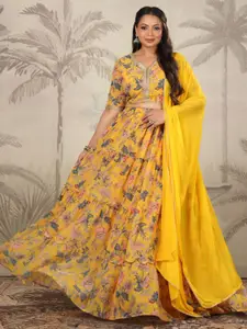 Janasya Women Plus Size Yellow Georgette Floral Printed Tiered Lehenga Choli Set