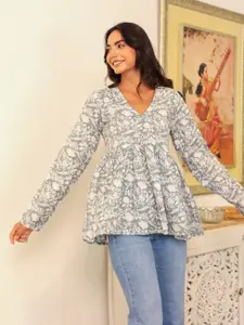 LABEL ADRIJA Floral Printed V-Neck Pure Cotton A-Line Top