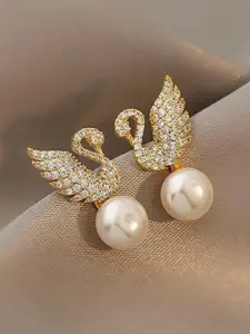 MEENAZ Gold Plated Artificial Stones Studded Chunky Swan Shaped Korean Drop Earrings