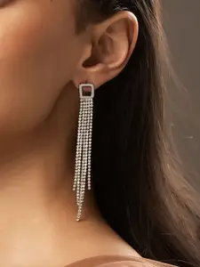 Voylla Korean Bling Rhodium-Plated AD & Crystal Studded Square Tasselled Drop Earrings
