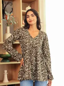 LABEL ADRIJA Floral Printed V-Neck Pure Cotton A-Line Top