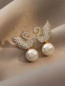 MEENAZ Gold-Plated Pearls Peacock Shaped Studs