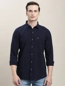 Turtle Micro Striped Spread Collar Long Sleeves Cotton Relaxed Slim Fit Casual Shirt