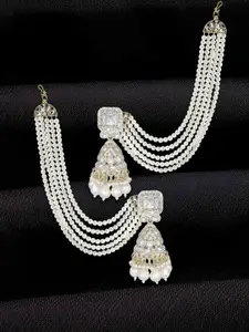 PRIVIU Gold Plated Kundan Studded & Pearls Beaded Dome Shaped Jhumkas