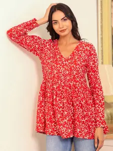 LABEL ADRIJA Floral Printed V-Neck Pure Cotton A-Line Top