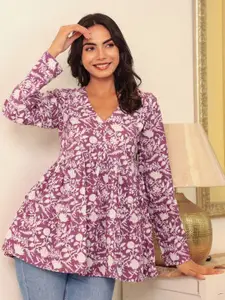 LABEL ADRIJA Floral Printed V-Neck Pure Cotton A-Line Top