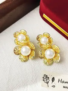 MEENAZ Korean Gold-Plated Pearls Floral Shaped Studs