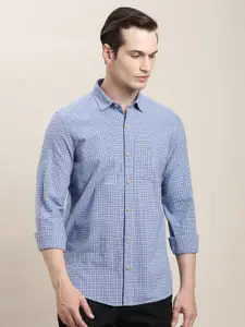 Turtle Micro Checked Spread Collar Long Sleeves Cotton Relaxed Slim Fit Casual Shirt