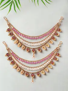 Adwitiya Collection Gold-Plated Pearl Beaded Hanging Leaf Design Ear Cuff Earrings