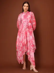 PURVAJA Abstract Printed Puff Sleeves Georgette Fit and Flare Maxi Dress