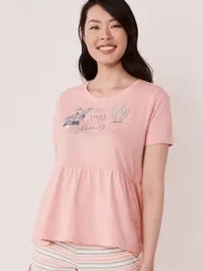 La Vie en Rose Women Pink Printed Pure Cotton Lounge Tshirt