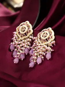 Yellow Chimes Women Pink Gold-Plated Beaded Enamelled Drop Earrings