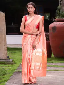 KARAGIRI Peach-Coloured & Gold-Toned Woven Design Zari Silk Blend Banarasi Saree