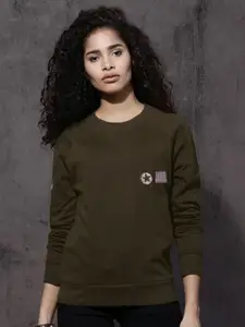 Roadster Women Olive Green Solid Sweatshirt