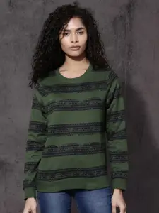 Roadster Women Olive Green & Black Printed Sweatshirt