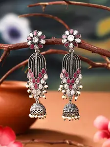 Yellow Chimes Pink and White Silver Plated Oxidised Floral Jhumka Earrings