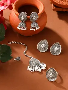 Yellow Chimes Set of Silver-Oxidised Maang Tikka Earrings Ring and Nose Pin