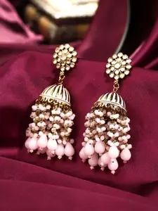 Yellow Chimes Gold-Plated Pink Enamelled Jhumka Earrings