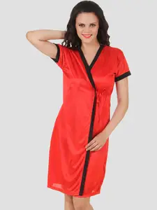Fasense Women Red Solid Satin Wrap Gown Robe
