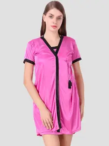 Fasense Women Pink Solid Satin Short Wrap Gown Robe