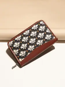 ZOUK Women Maroon & Black Floral Printed Zip Detail Zip Around Wallet