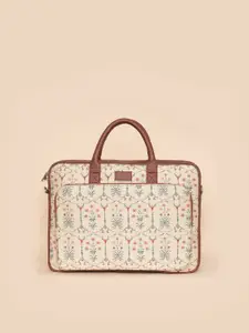 ZOUK Unisex White & Brown Printed Jute Laptop Bag