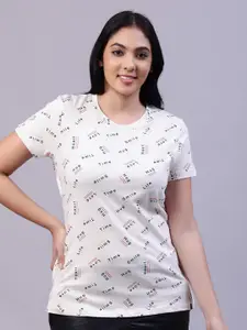TITTLI Women Off White Printed Cotton T-shirt