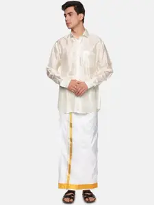 Sethukrishna Men Cream-Coloured & White Shirt with Dhoti Pants