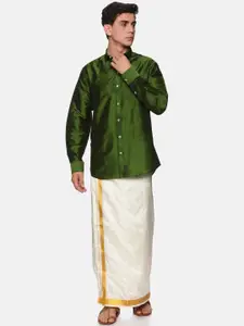 Sethukrishna Men Olive Green & White Shirt with Dhoti Pants