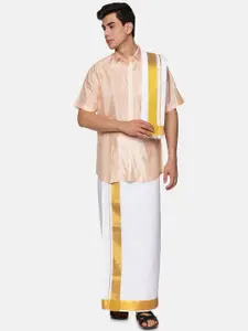 Sethukrishna Men Orange & White Shirt with Dhoti Pants