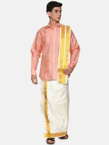 Sethukrishna Men Peach-Coloured & Gold-Toned Shirt with Dhoti Pants
