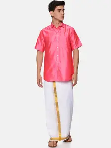 Sethukrishna Men Peach-Coloured & White Shirt with Dhoti Pants