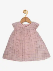 Creative Kids Pink Printed Checked Cap Sleeves A-Line Romper Dress