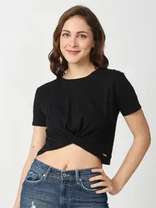 Pepe Jeans Women Black Solid Cotton Alfie Hem Twist Crop T-Shirt