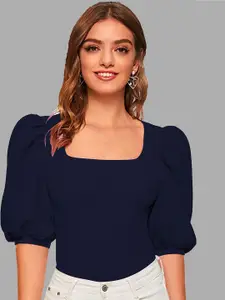 Dream Beauty Fashion Navy Blue Indigo Puff Sleeve Fitted Top