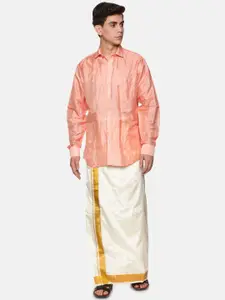 Sethukrishna Men Peach-Coloured & White Shirt with Dhoti Pants