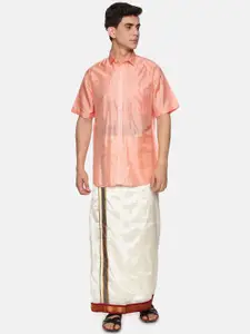 Sethukrishna Men Peach & White Solid Short Sleeves Shirt with Dhoti
