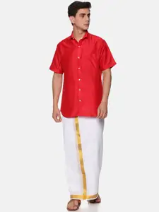 Sethukrishna Men Red & White Pure Cotton Shirt with Dhoti Pants