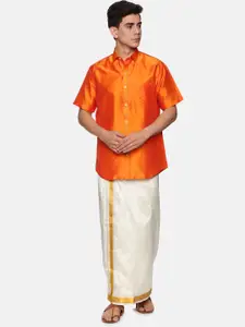 Sethukrishna Men Orange & White Shirt With Dhoti Pants