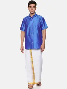 Sethukrishna Men Blue & White Shirt with Dhoti Pants