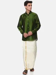 Sethukrishna Men Olive Green And White Shirt With Zari Border Veshti Dhoti Pant