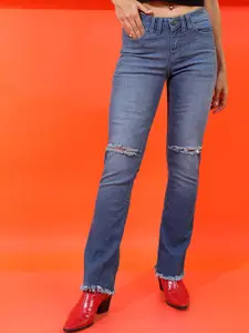 Tokyo Talkies Women Blue Bootcut Slash Knee Light Fade Jeans