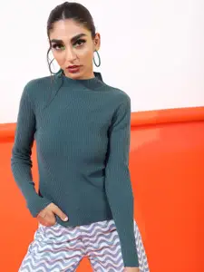 Tokyo Talkies Women Teal Solid High Neck Long Sleeve Pullover Sweater