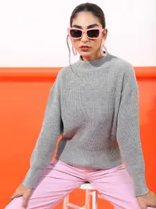 Tokyo Talkies Women Grey Solid High Neck Long Sleeve Acrylic Pullover Sweater