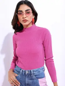 Tokyo Talkies Women Pink High Neck Long Sleeve Sweater